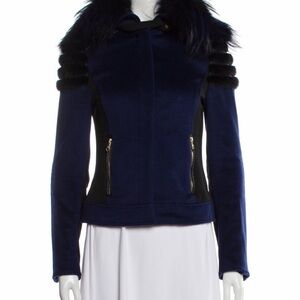 Versace Navy Blue Fur-Trim Leather Jacket